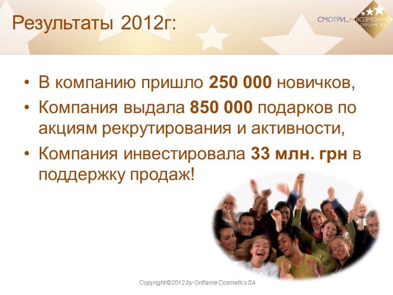 Результаты 2012г: В компанию пришло 250 000 новичков, Компания выдала 850 000 подарков по